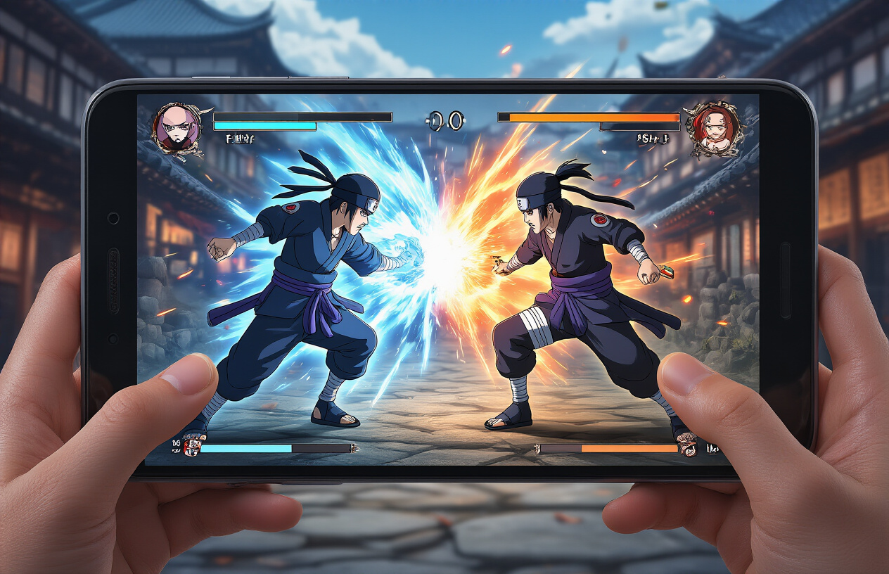 Create a realistic image of a mobile phone displaying an intense anime-style combat scene with two ninja characters mid-battle, one character performing a dynamic jutsu attack with glowing energy effects while the other defends with a defensive stance, vibrant action lines and particle effects surrounding the fighters, colorful UI elements showing health bars and special move icons visible on the screen edges, dramatic lighting with blue and orange energy glows illuminating the characters, set against a detailed ninja village background with traditional Japanese architecture, the phone held by hands showing fingertips at the screen edges, captured from a slight angle to show the screen clearly, professional gaming setup lighting, absolutely NO text should be in the scene.