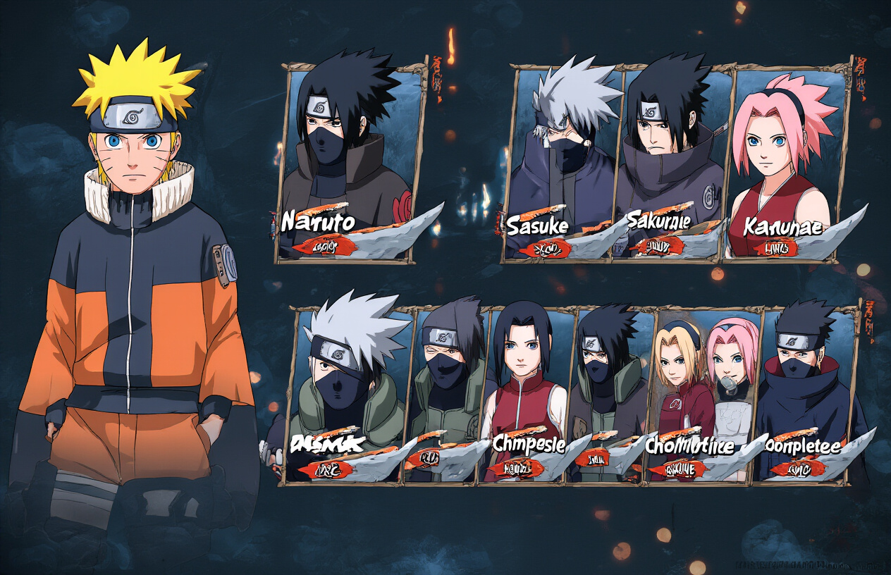 Create a realistic image of a dynamic grid layout showcasing multiple Naruto anime characters in their iconic fighting poses, featuring diverse ninja warriors including Naruto with blonde hair, Sasuke with black hair, Sakura with pink hair, Kakashi with silver hair, and other recognizable shinobi characters from the series, each character displayed in individual portrait frames arranged in a organized roster format, set against a dark ninja-themed background with subtle blue and orange lighting effects, capturing the essence of a complete character selection screen from a mobile fighting game, Absolutely NO text should be in the scene.