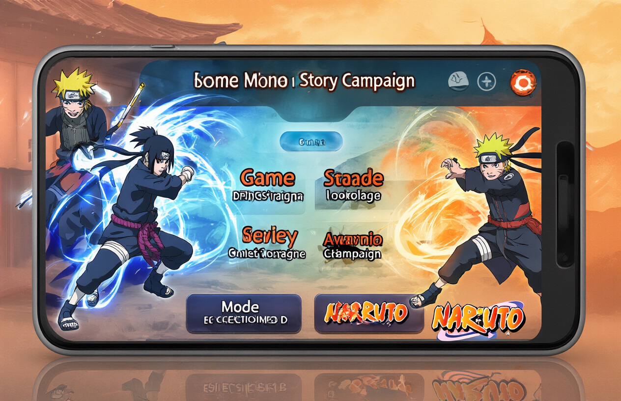 Create a realistic image of a mobile phone screen displaying a game menu interface with multiple game mode options and story campaign selection buttons, showing anime-style ninja characters in action poses on the sides, vibrant orange and blue color scheme typical of Naruto franchise, dynamic lighting effects with energy auras around characters, detailed mobile gaming UI elements with mode selection icons, absolutely NO text should be in the scene.