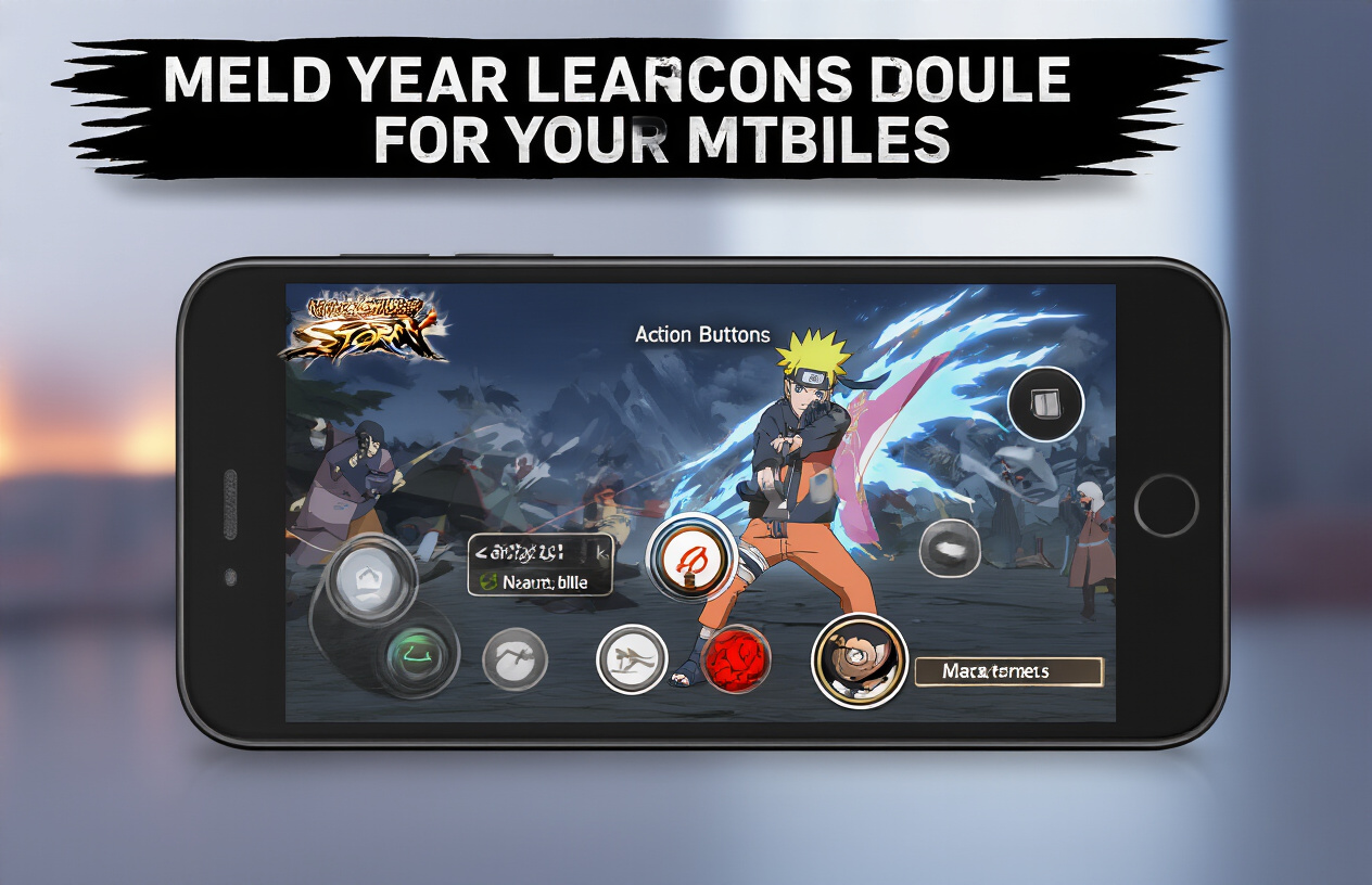 Create a realistic image of a smartphone displaying the Naruto Ultimate Ninja Storm mobile game interface with visible touch controls and UI elements optimized for mobile gameplay, showing action buttons, virtual joystick, and character selection menu on the screen, with the phone held in landscape orientation against a modern gaming setup background with soft ambient lighting, absolutely NO text should be in the scene.