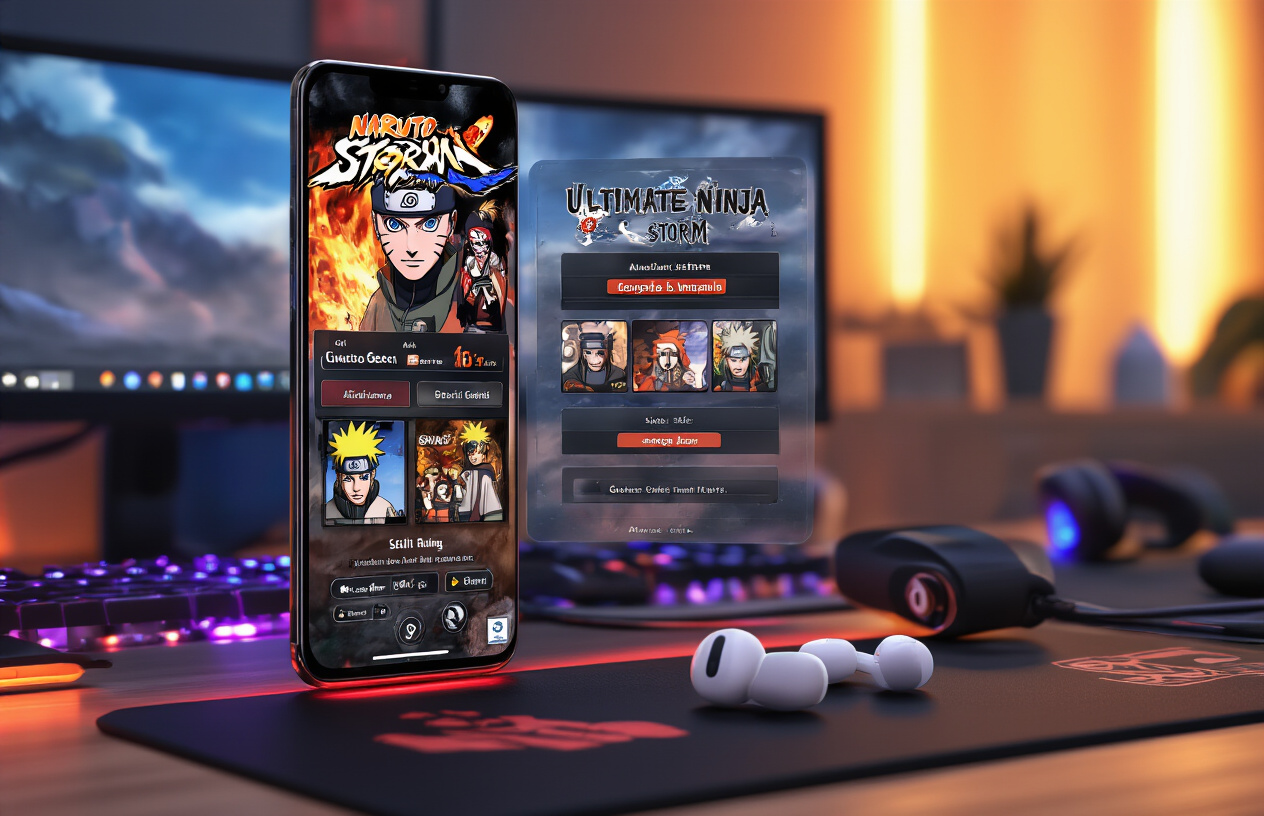 Create a realistic image of a smartphone displaying the Naruto Ultimate Ninja Storm game interface on its screen, placed on a modern gaming desk with subtle LED lighting in the background, surrounded by complementary gaming accessories like wireless earbuds and a charging cable, with warm ambient lighting creating a cozy gaming atmosphere, the phone screen showing vibrant ninja character artwork and game menus, absolutely NO text should be in the scene.