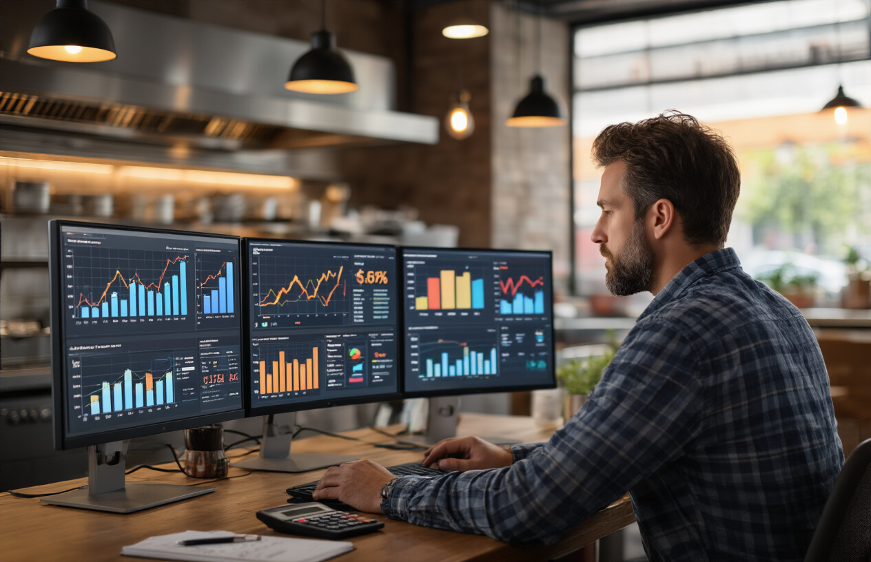 Create a realistic image of a restaurant owner or manager, white male in his 30s, sitting at a desk with multiple computer monitors displaying colorful analytics dashboards, charts showing upward trending graphs, ROI calculations, and marketing performance metrics, with a modern restaurant kitchen visible in the blurred background, professional office lighting, the person analyzing data with a focused expression, calculator and notepad nearby, warm ambient lighting creating a productive atmosphere, absolutely NO text should be in the scene.