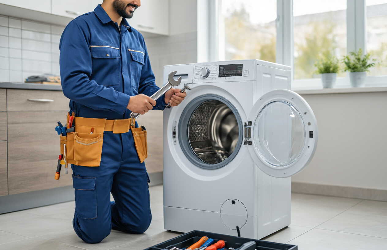 Create a realistic image of a professional Indian male technician wearing a blue uniform and tool belt examining a modern white washing machine with an open front door, holding a wrench in one hand while checking internal components, in a clean residential laundry room with tiled floors and good natural lighting from a window, with his repair toolbox and spare parts visible nearby on the floor, conveying expertise and reliability in appliance repair services. Absolutely NO text should be in the scene.