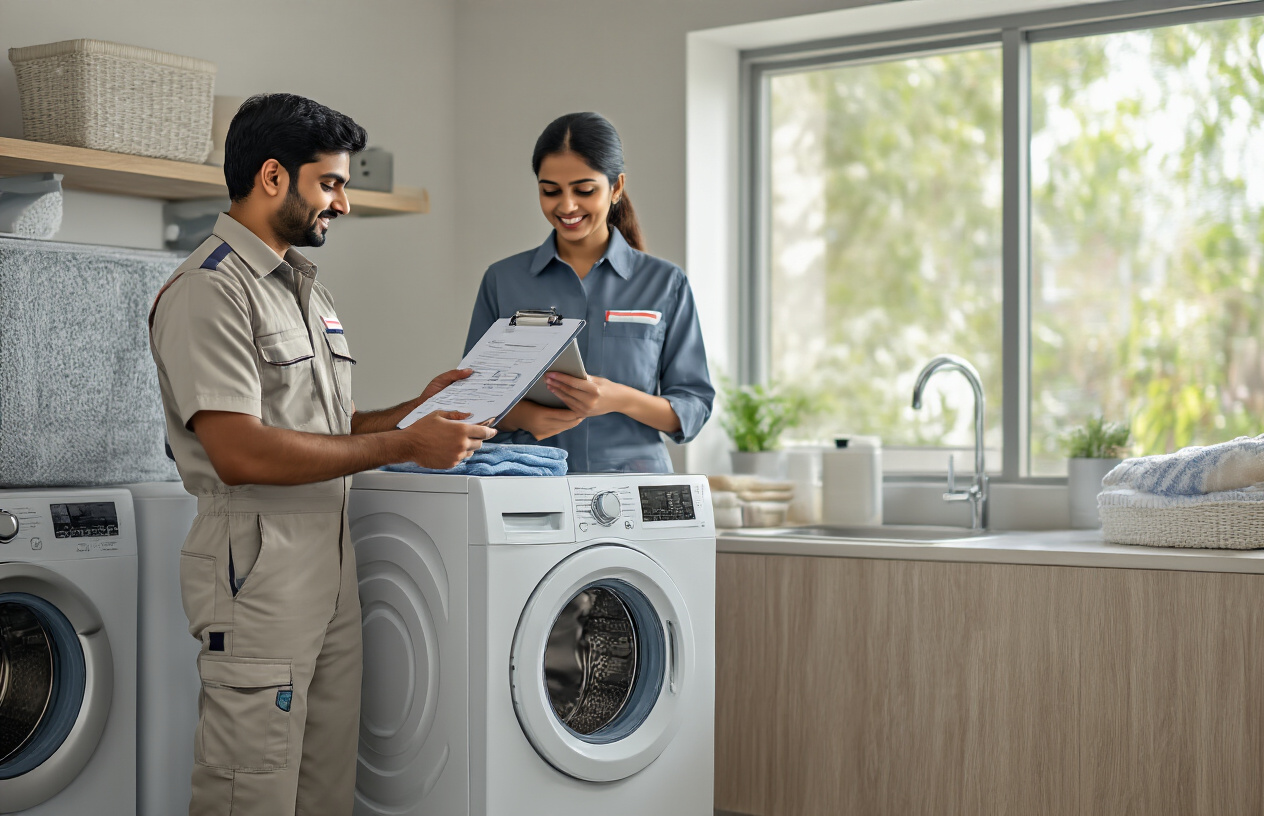 Create a realistic image of an Indian male technician in work uniform examining a washing machine in a modern home setting in Pondicherry, with the homeowner, an Indian female, standing nearby holding a clipboard with service provider information, the scene set in a clean laundry room with natural lighting coming through a window, conveying a professional consultation atmosphere, absolutely NO text should be in the scene.