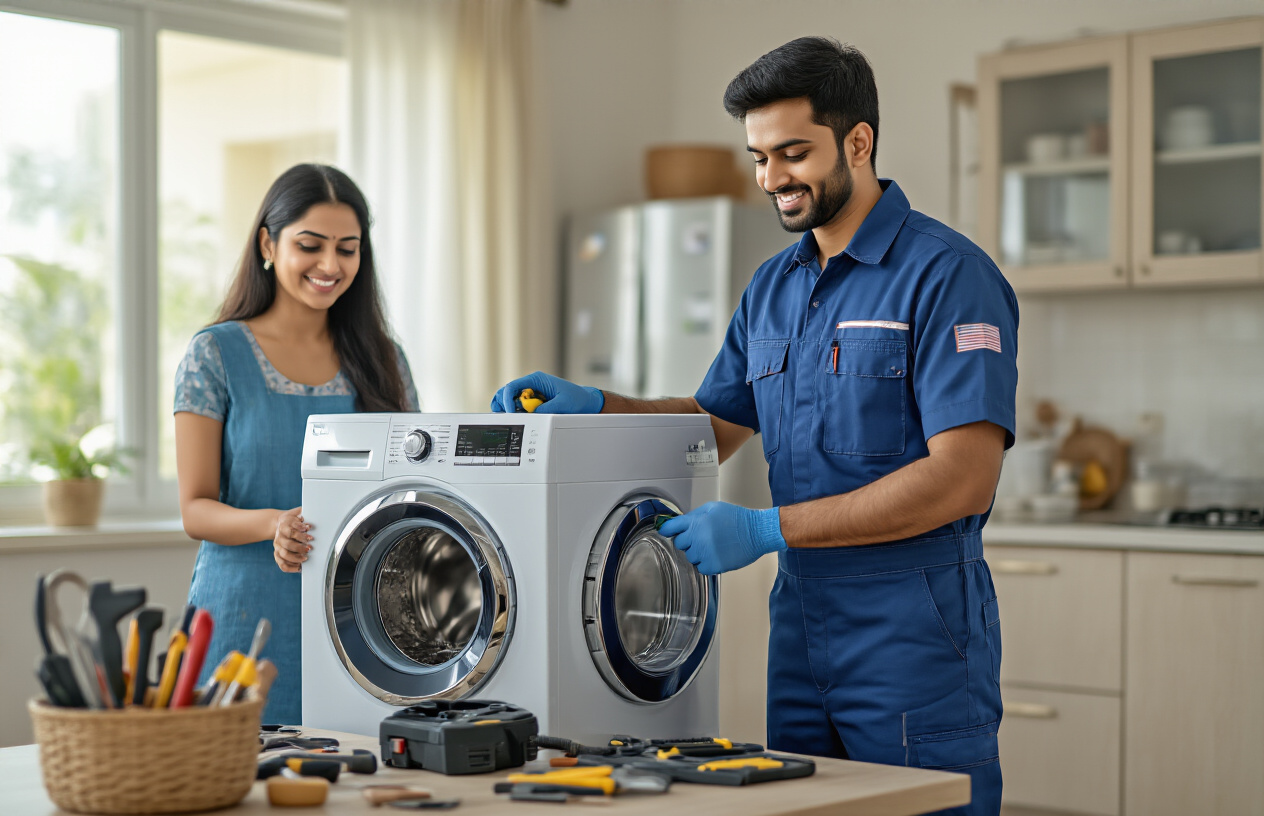 Create a realistic image of a professional South Asian male technician in blue uniform completing washing machine repair service in a modern Indian home setting, with tools organized nearby, a satisfied Indian female homeowner in the background, warm natural lighting from windows, clean residential interior with traditional and modern elements, conveying successful service completion and customer satisfaction, absolutely NO text should be in the scene.