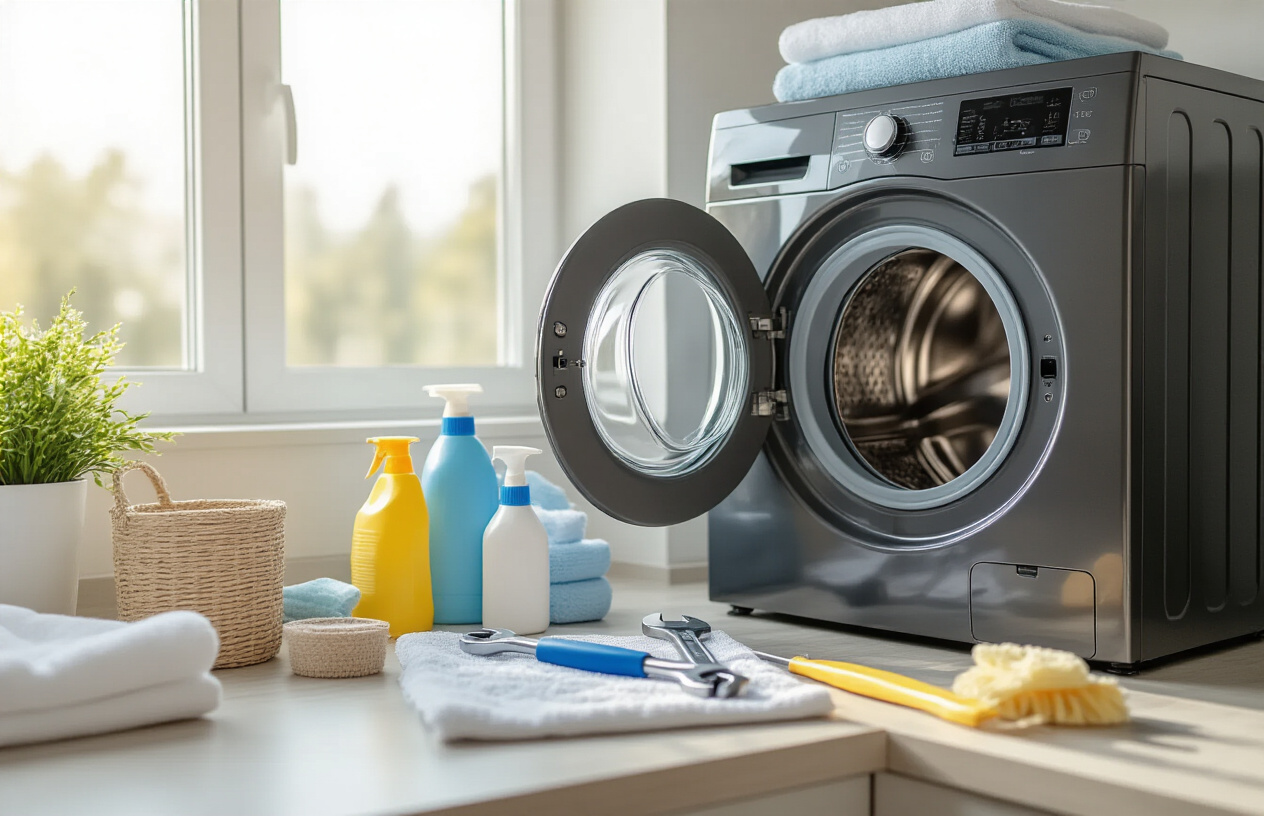 Create a realistic image of a modern front-loading washing machine with its front panel open showing the drum interior, surrounded by maintenance tools including a wrench, screwdriver, and cleaning supplies like detergent bottles and microfiber cloths on a clean laundry room counter, with soft natural lighting from a window creating a well-lit domestic environment that suggests regular care and maintenance, absolutely NO text should be in the scene.