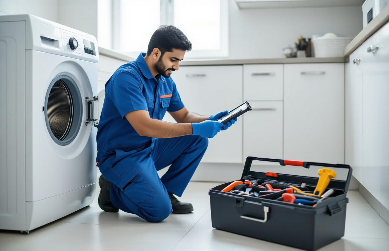 Create a realistic image of a professional Indian male technician in blue work uniform kneeling beside an open washing machine, using diagnostic tools and equipment, with a toolbox nearby containing various repair instruments, in a clean residential laundry room with white tiles and good natural lighting from a window, showing a professional service visit in progress, absolutely NO text should be in the scene.