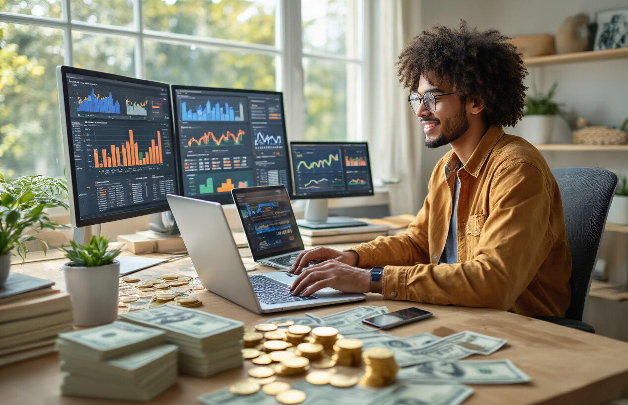 Create a realistic image of a young diverse college student sitting at a modern desk in a bright, organized home office space, looking confident and successful while working on a laptop computer, with multiple monitors displaying charts and graphs, stacks of money and coins scattered on the desk, a smartphone showing notification alerts, and warm natural lighting streaming through a window, conveying achievement and financial success through online work, absolutely NO text should be in the scene.