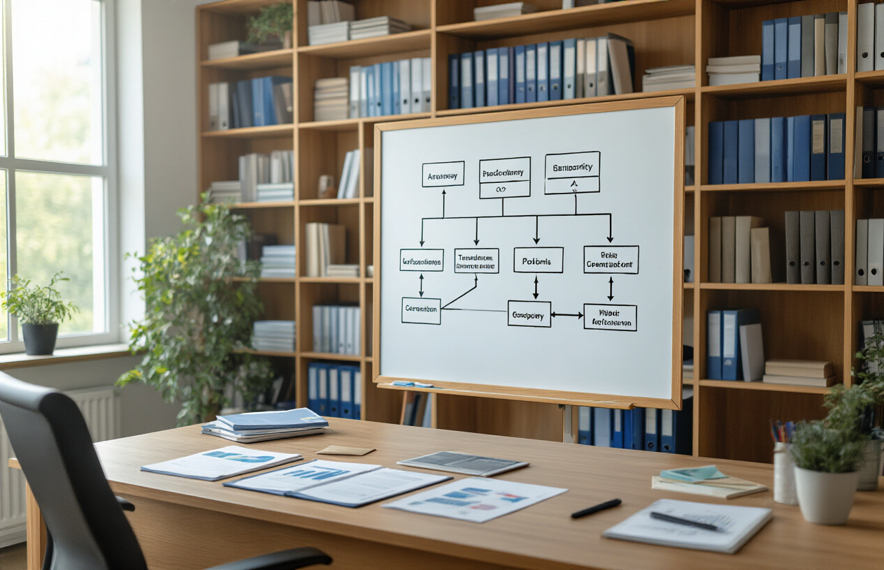 Create a realistic image of a clean, modern university academic office with organizational charts and flowcharts displayed on a whiteboard, showing hierarchical academic structure with connected boxes and arrows, a wooden desk with academic documents and university brochures spread out, bookshelves filled with educational regulations and policy manuals, soft natural lighting from a window, professional academic atmosphere, Absolutely NO text should be in the scene.