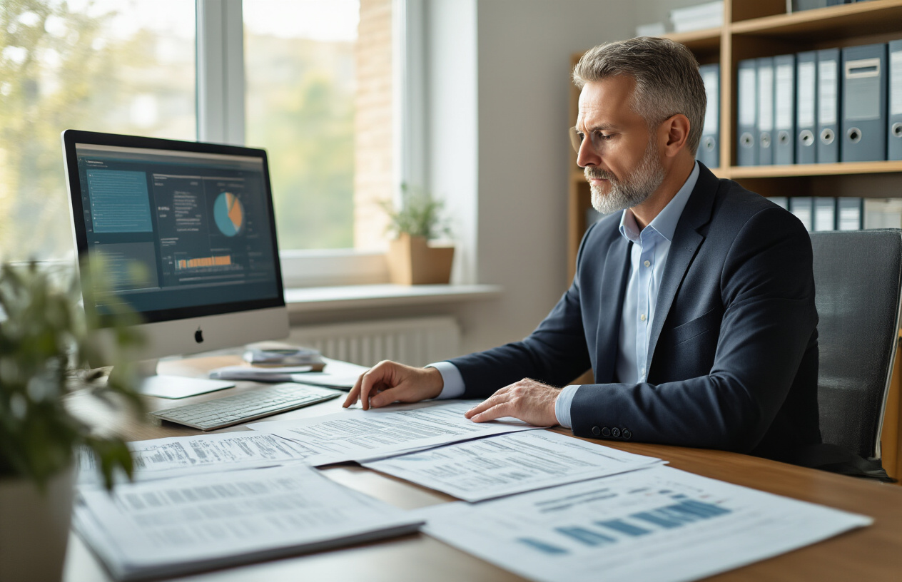 Create a realistic image of a modern university administrative office with a white male administrator in business attire sitting at a desk reviewing official scheme documents and academic curriculum papers spread across the table, with a computer displaying educational data, filing cabinets containing student records in the background, soft natural lighting from a window, and a professional academic atmosphere conveying systematic implementation and organization, absolutely NO text should be in the scene.