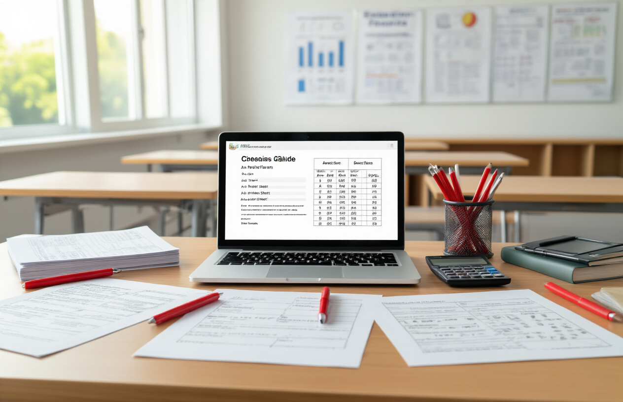 Create a realistic image of a modern university classroom setting with assessment materials spread across wooden desks including graded exam papers, answer sheets, and evaluation rubrics, with a digital grade book displayed on a laptop screen showing percentage scores and letter grades, surrounded by academic supplies like red pens, calculators, and reference books, set against a clean classroom background with whiteboards and educational posters, featuring warm natural lighting from large windows creating a professional academic atmosphere, absolutely NO text should be in the scene.