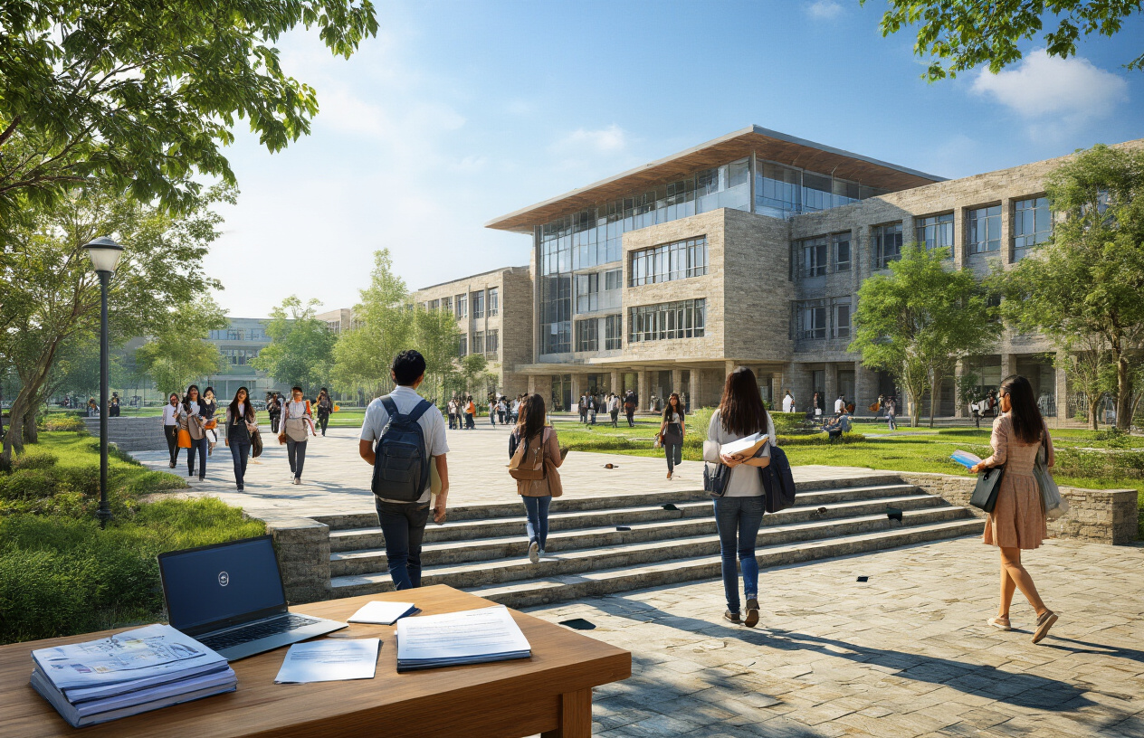 Create a realistic image of a modern university campus building with VTU (Visvesvaraya Technological University) architecture, featuring diverse students of different races (white, black, Asian) and genders walking with books and laptops, graduation caps scattered on stone steps, academic documents and certificates visible on a wooden table in the foreground, bright daylight with clear blue sky, professional academic atmosphere conveying achievement and educational success, stone pathways and green landscaping around the campus, absolutely NO text should be in the scene.