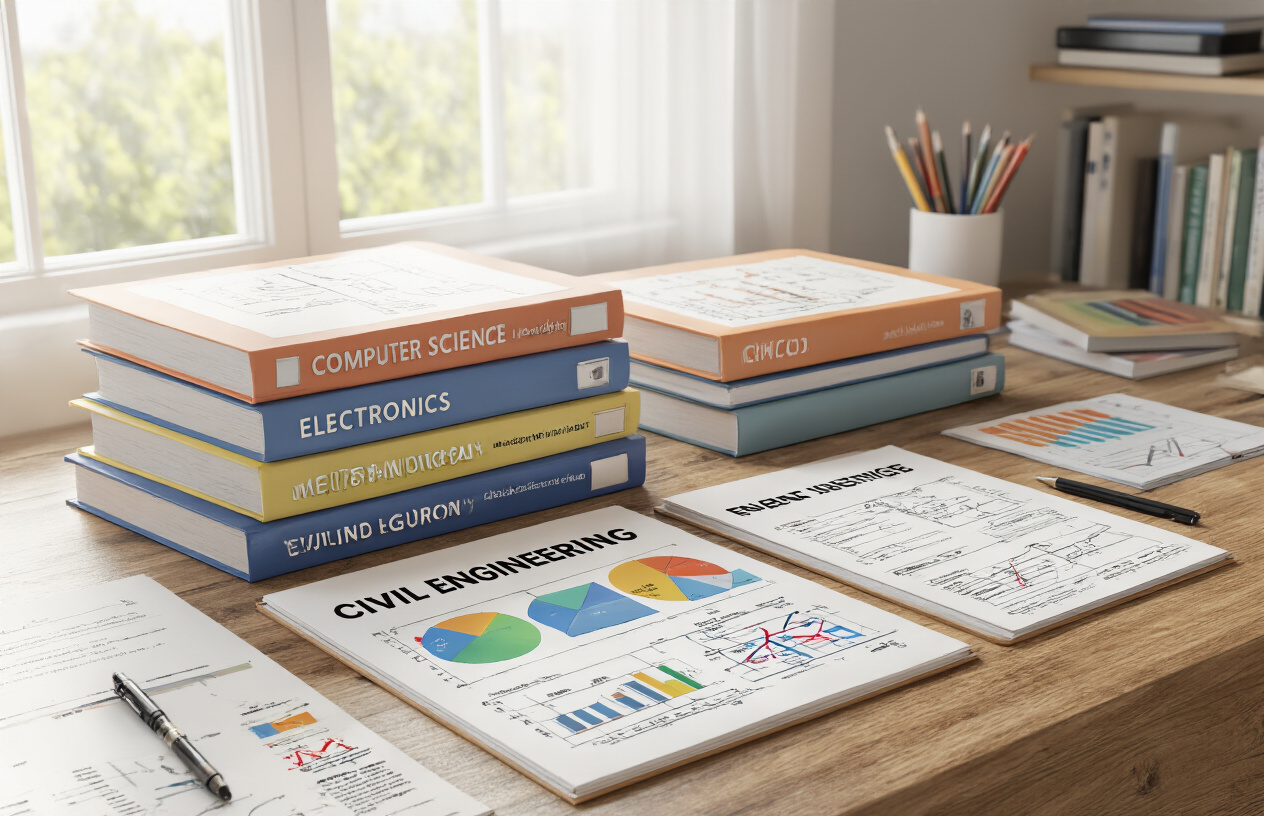 Create a realistic image of multiple academic curriculum documents and folders arranged on a wooden desk, each labeled with different engineering branches like Computer Science, Electronics, Mechanical, and Civil Engineering, showing various scheme layouts and course structures with colorful charts and diagrams, soft natural lighting from a window, professional academic environment with books and stationery in the background, absolutely NO text should be in the scene.