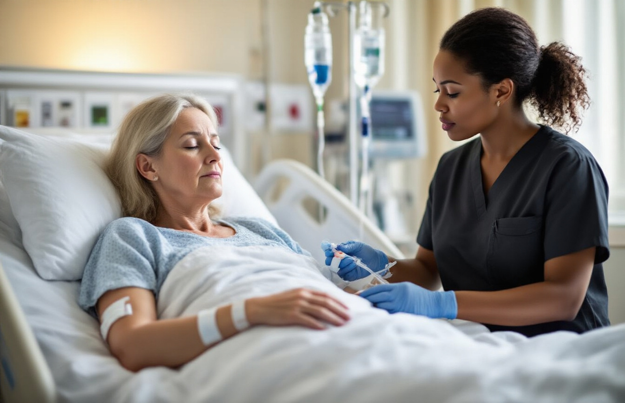 Create a realistic image of a middle-aged white female patient lying in a hospital bed with visible signs of prolonged bed rest including pale complexion and muscle weakness, surrounded by medical equipment like IV drips and monitoring devices, with a concerned black female nurse checking vital signs, in a clean hospital room with soft natural lighting from a window, emphasizing the medical challenges and health risks associated with being bedridden, absolutely NO text should be in the scene.