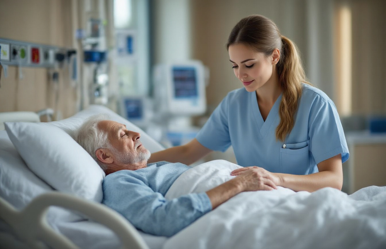 Create a realistic image of a white female General Duty Assistant (GDA) in light blue scrubs carefully adjusting pillows and positioning a bedridden elderly white male patient in a clean hospital bed, with medical monitoring equipment visible in the background, the GDA demonstrating proper patient positioning techniques while maintaining the patient's comfort and dignity, soft natural lighting from a nearby window creating a professional healthcare environment, medical supplies and charts organized on nearby surfaces, showing attentive bedside care in a modern hospital room setting, absolutely NO text should be in the scene.