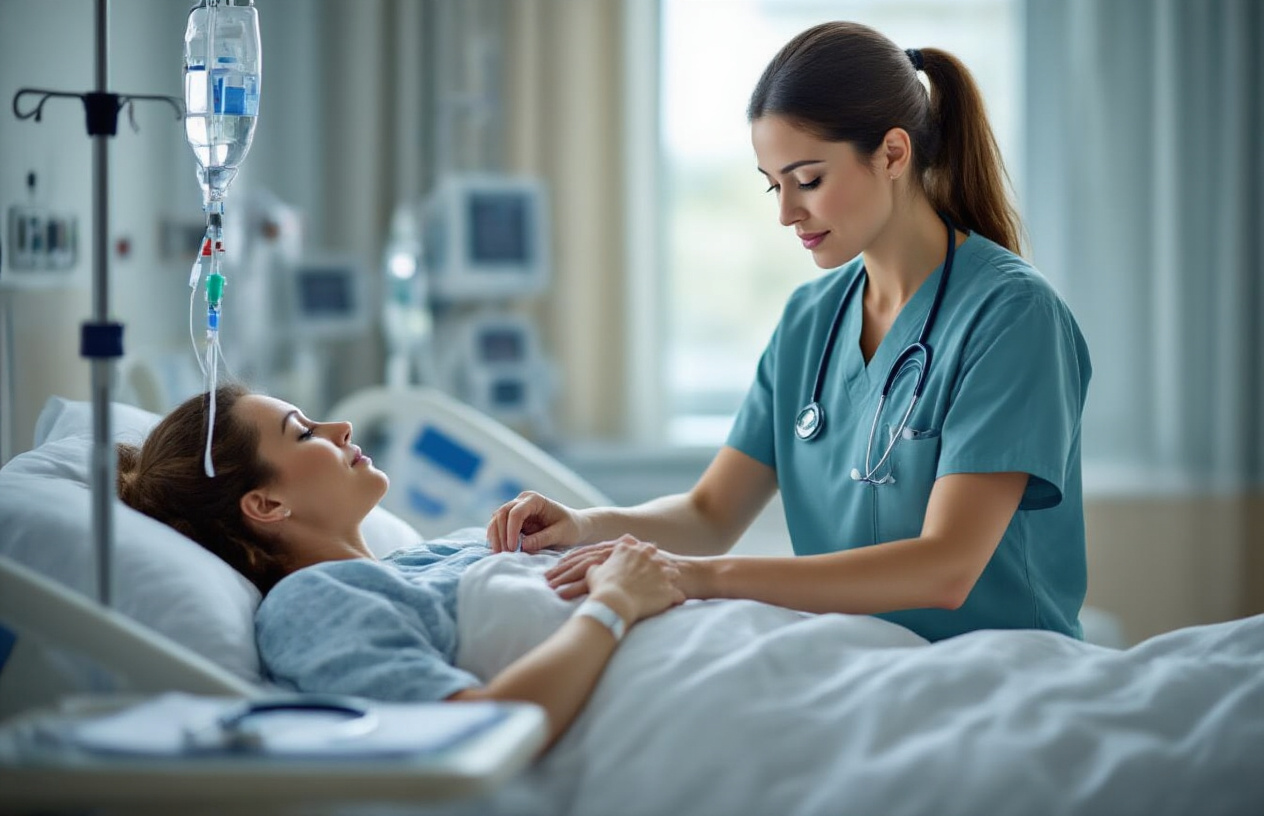 Create a realistic image of a professional white female nurse in scrubs carefully adjusting IV drip settings and monitoring medical equipment beside a hospital bed where a bedridden patient is resting, with medical charts, stethoscope, and monitoring devices visible on a bedside table, set in a clean modern hospital room with soft natural lighting from a window, conveying a caring and professional healthcare environment focused on patient recovery, absolutely NO text should be in the scene.