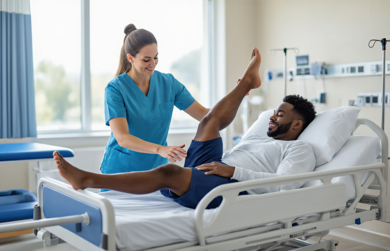 Create a realistic image of a white female physical therapist helping a black male bedridden patient perform leg mobility exercises in a bright hospital room, showing the therapist gently lifting and bending the patient's leg while he lies on a hospital bed, with medical equipment like parallel bars and exercise mats visible in the background, professional healthcare setting with natural lighting from large windows, focused and encouraging atmosphere. Absolutely NO text should be in the scene.