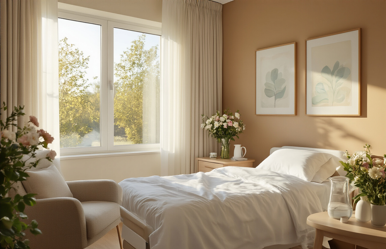Create a realistic image of a peaceful hospital room with soft natural lighting from a large window, featuring a comfortable bed with clean white linens, a bedside table with fresh flowers and a water pitcher, warm earth-tone walls with calming artwork, a cozy reading chair nearby, and gentle afternoon sunlight creating a serene, healing atmosphere that promotes mental wellness and recovery, absolutely NO text should be in the scene.