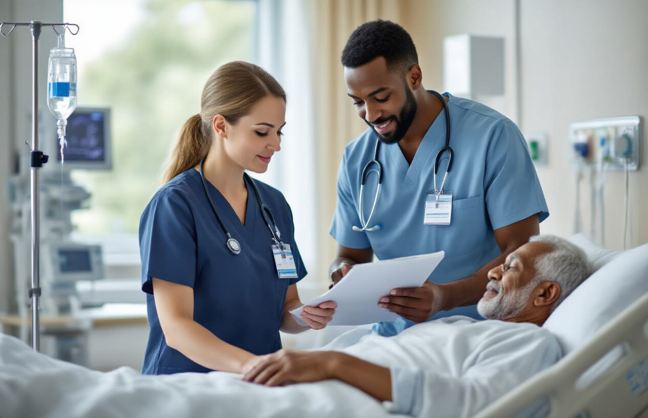 Create a realistic image of a bright modern hospital room showing collaborative healthcare teamwork with a white female nurse and a black male GDA (General Duty Assistant) working together around a bedridden elderly white male patient, the nurse reviewing a medical chart while the GDA adjusts the patient's pillow, both wearing professional medical uniforms, with medical equipment visible in the background including IV stand and monitoring devices, soft natural lighting from a window, depicting professional coordination and patient-centered care, absolutely NO text should be in the scene.