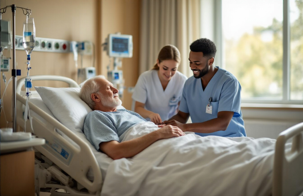 Create a realistic image of a peaceful hospital room with a bedridden elderly white male patient lying comfortably in a clean white hospital bed, surrounded by caring medical professionals including a white female nurse checking his vitals and a black male healthcare aide adjusting his pillow, with medical equipment like IV stands and monitors visible in the background, warm natural lighting streaming through a window, conveying hope and professional care in the recovery process, absolutely NO text should be in the scene.