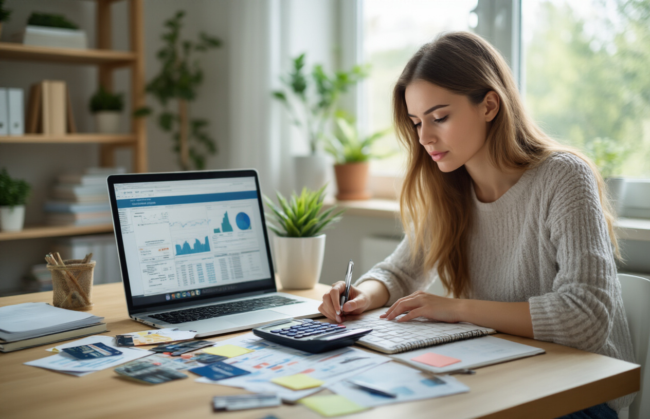 Create a realistic image of a young white female sitting at a modern wooden desk with multiple credit cards spread out in front of her, a calculator, notebook with charts and graphs, and a laptop computer open showing financial spreadsheets, surrounded by organized paperwork and sticky notes, in a bright well-lit home office with natural lighting from a window, conveying a focused and determined mood as she analyzes different debt payment options, with a clean minimalist background featuring bookshelves and plants, absolutely NO text should be in the scene.