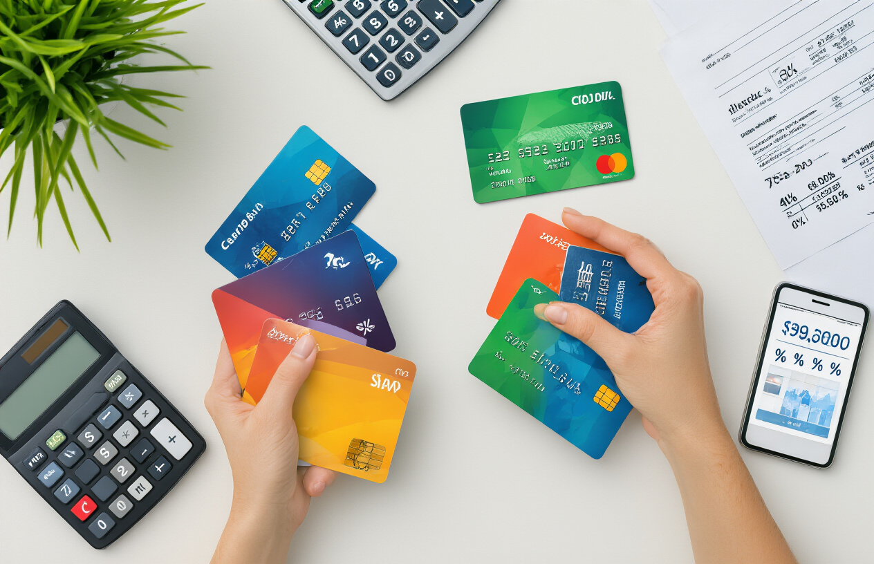 Create a realistic image of multiple colorful credit cards spread out on a clean white desk surface with some cards being gathered together by hands, representing debt consolidation, alongside a calculator showing lower numbers, a smartphone displaying a financial app interface, and paperwork with percentage symbols visible, all photographed from above with bright, clean lighting that creates a organized and hopeful atmosphere, absolutely NO text should be in the scene.