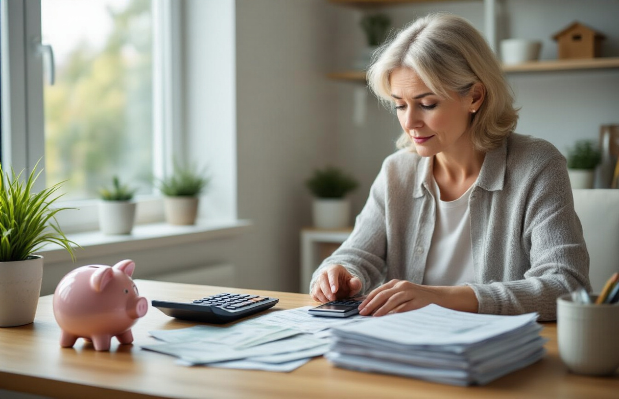 Create a realistic image of a middle-aged white female sitting at a clean wooden desk with a calculator, smartphone, and organized stacks of bills and receipts, carefully reviewing expenses with a focused expression, surrounded by a bright modern home office setting with natural lighting from a window, featuring a piggy bank and small potted plant on the desk, conveying a sense of financial planning and budgeting optimization, absolutely NO text should be in the scene.