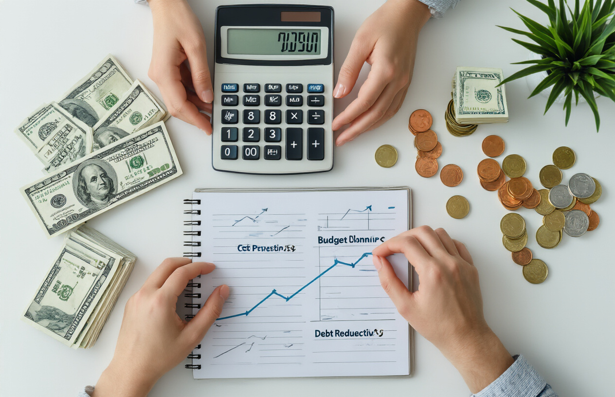 Create a realistic image of a neatly organized desk surface featuring a calculator with debt payment calculations visible on its display, stacks of dollar bills being sorted into organized piles, a notebook with budget planning charts and arrows pointing toward debt reduction goals, scattered coins being gathered together, and a pair of hands carefully arranging the money to maximize every dollar, set against a clean white background with soft natural lighting that emphasizes financial organization and efficiency, absolutely NO text should be in the scene.
