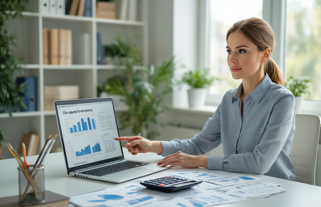 Create a realistic image of a white female financial advisor in her 30s sitting at a modern desk with a laptop computer, calculator, and organized financial documents spread out, pointing to charts showing debt consolidation strategies, with a clean professional office background featuring bookshelves and plants, bright natural lighting from a window, conveying a sense of expertise and strategic planning for advanced debt management solutions, absolutely NO text should be in the scene.