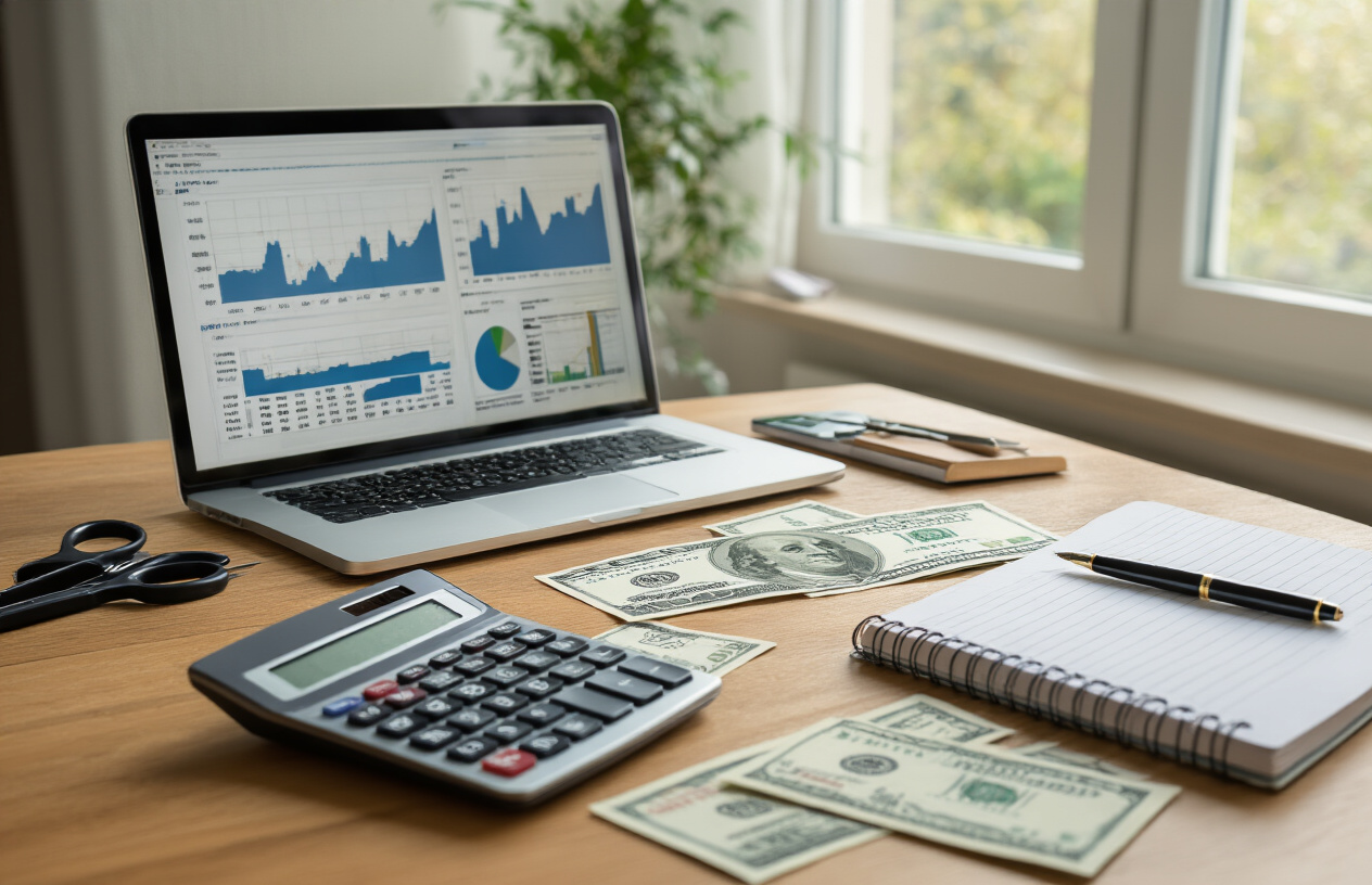 Create a realistic image of a peaceful home office scene with a clean wooden desk featuring a laptop computer displaying financial charts, a calculator, scissors cutting through credit card pieces, scattered dollar bills, and a notebook with pen, all arranged in an organized manner suggesting successful debt management, with soft natural lighting streaming through a window in the background creating a calm and stress-free atmosphere, absolutely NO text should be in the scene.