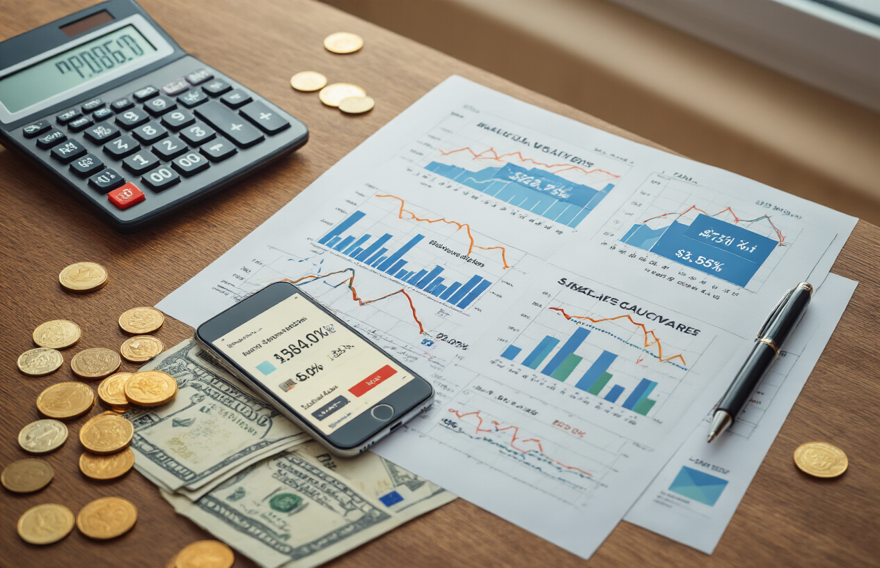 Create a realistic image of a professional financial analysis scene featuring a clean wooden desk with a calculator, financial charts showing rising and falling trend lines, bar graphs comparing different percentages, a smartphone displaying a banking app interface, scattered coins and paper money, a pen, and financial documents spread across the surface, with soft natural lighting from a window creating a focused business atmosphere, shot from a slight overhead angle to show all elements clearly, absolutely NO text should be in the scene.