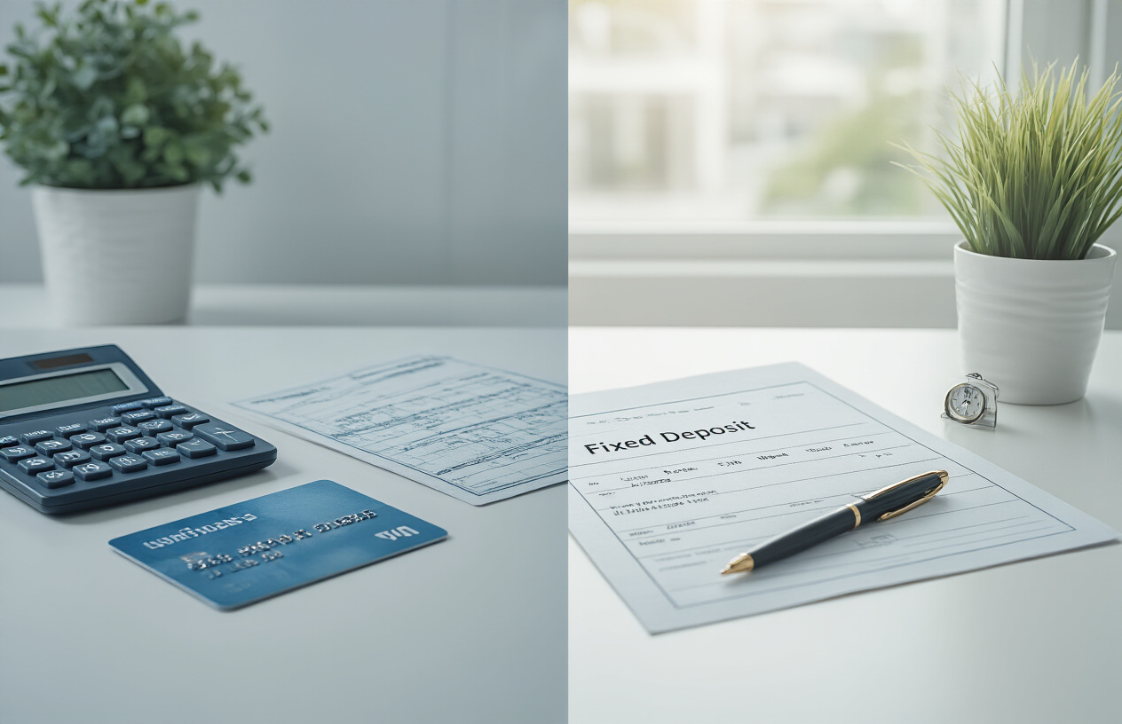 Create a realistic image of a modern split-screen comparison showing two distinct banking concepts, with the left side featuring a traditional savings account passbook and debit card on a clean white desk next to a calculator, and the right side displaying a fixed deposit certificate with a pen and calendar marking a future date, both sides connected by a subtle dividing line, set in a bright, professional office environment with soft natural lighting from a window, capturing a business-like atmosphere that suggests financial decision-making, with a neutral color palette of blues and whites to convey trust and stability, absolutely NO text should be in the scene.