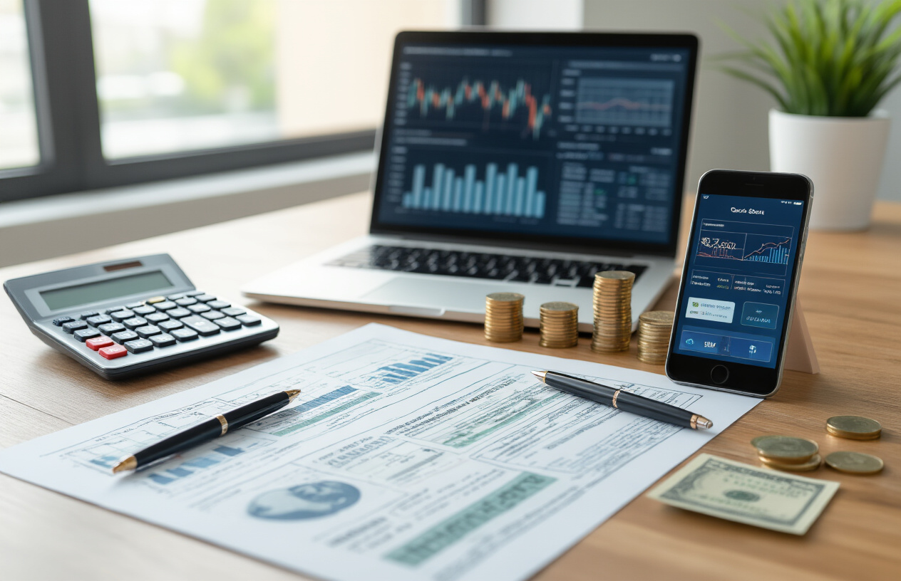 Create a realistic image of a modern office desk scene featuring financial documents, tax forms, and banking papers spread out organized on a clean wooden surface, with a calculator, pen, and smartphone displaying banking apps, alongside visual representations of financial growth like small stacks of coins and paper money, complemented by a laptop screen showing financial charts and graphs, set against a bright professional office background with soft natural lighting from a window, creating a focused and analytical mood that represents financial planning and tax considerations. Absolutely NO text should be in the scene.