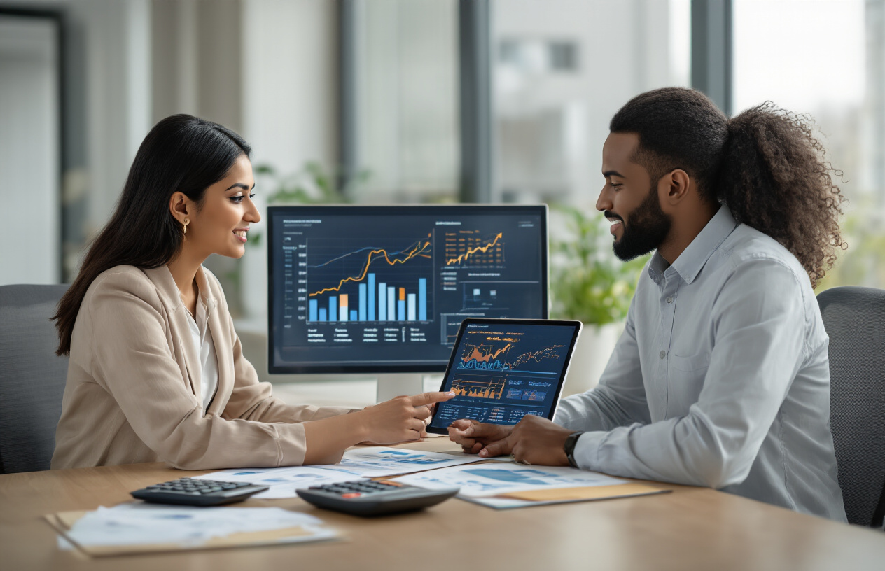 Create a realistic image of a professional financial planning scene with a South Asian female financial advisor sitting across from a diverse couple (white male and black female) at a modern office desk, with the advisor pointing to financial charts and graphs displayed on a tablet or laptop screen showing investment growth curves and savings options, surrounded by a clean contemporary office environment with soft natural lighting from large windows, calculator and financial documents visible on the desk, creating a consultative and trustworthy atmosphere for financial decision-making, absolutely NO text should be in the scene.