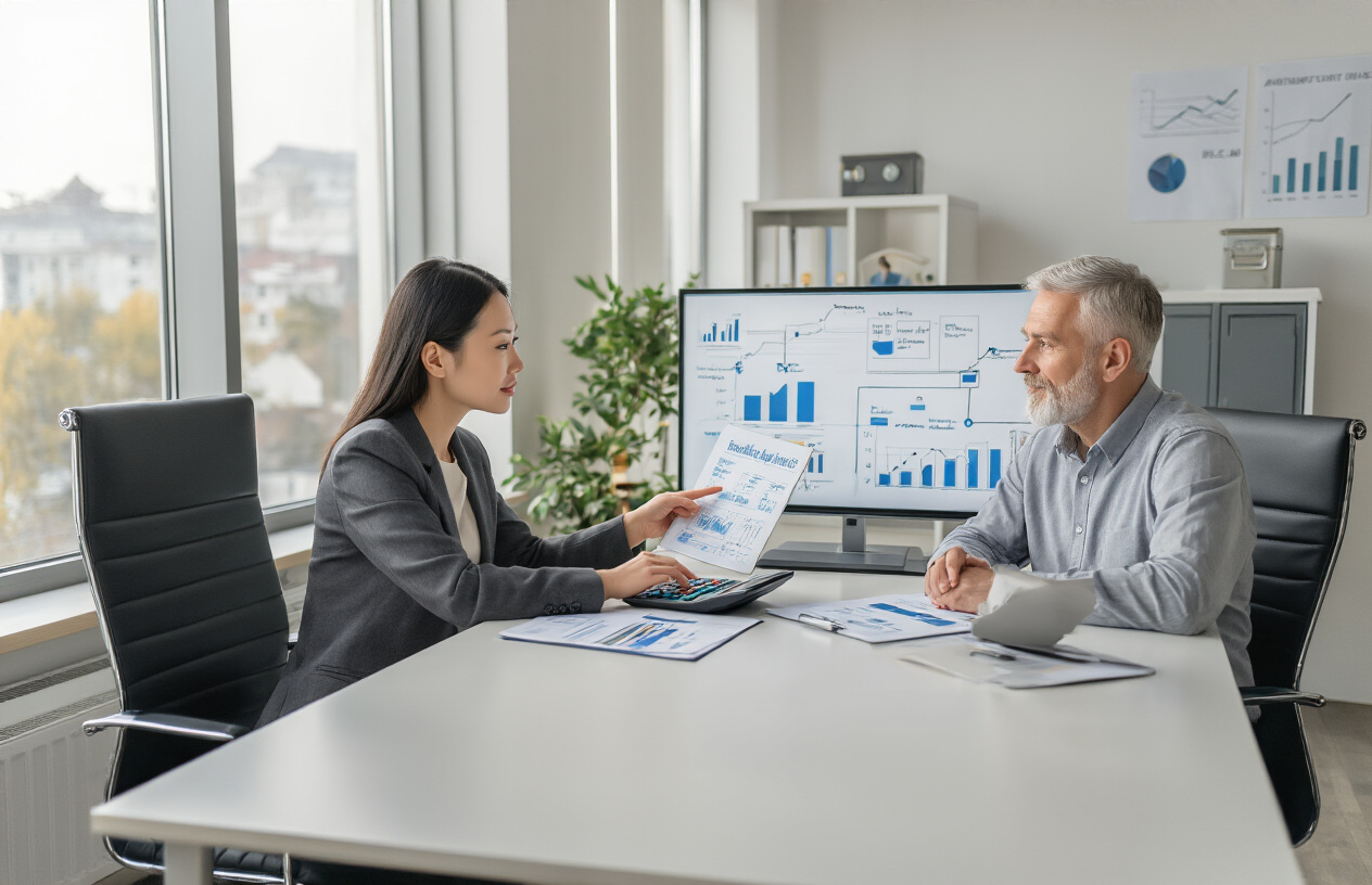 Create a realistic image of a modern office setting with a professional Asian female financial advisor sitting at a clean desk, using a calculator and reviewing financial documents while pointing to a decision-making flowchart on a tablet screen, with a diverse middle-aged white male client sitting across from her looking attentively, bright natural lighting from large windows, minimalist office background with subtle banking elements like a small safe or financial charts on the wall, professional and consultative atmosphere, absolutely NO text should be in the scene.