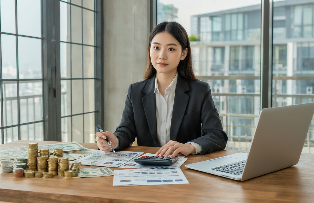 Create a realistic image of a young Asian female professional in business attire sitting at a modern wooden desk, thoughtfully comparing financial documents with calculator and laptop open, surrounded by neat stacks of coins and paper money representing savings growth, with a bright contemporary office setting featuring large windows showing daylight, conveying a sense of informed financial decision-making and prosperity, shot with warm natural lighting that emphasizes clarity and confidence, absolutely NO text should be in the scene.
