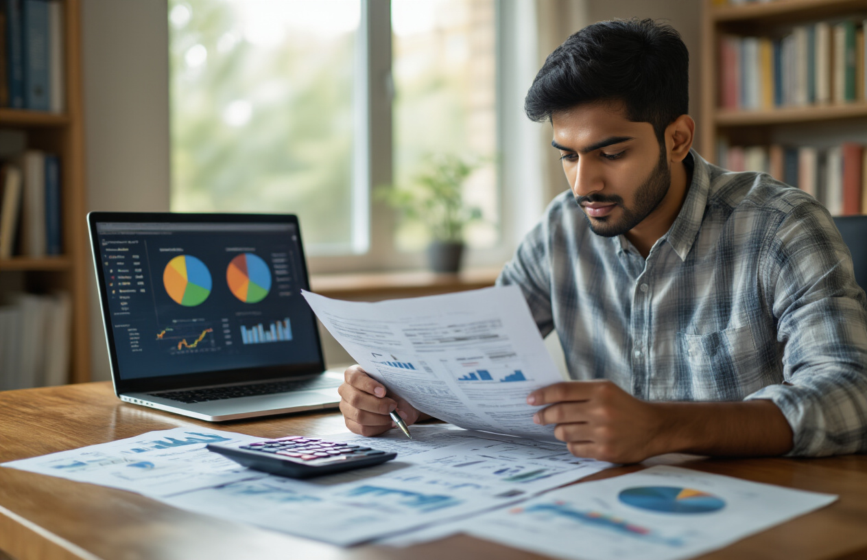 Create a realistic image of a young Indian male in his late twenties sitting at a modern wooden desk with financial documents, investment charts, and a calculator spread out in front of him, holding a pen while studying the papers with a focused expression, with a laptop displaying colorful pie charts in the background, soft natural lighting coming through a window, creating a calm and educational atmosphere in a contemporary home office setting, with bookshelves containing finance books visible in the blurred background, conveying a sense of learning and financial planning, absolutely NO text should be in the scene.