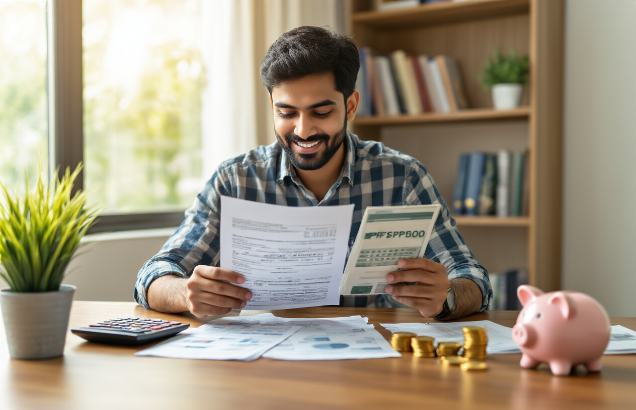 Create a realistic image of a South Asian male in his 30s sitting at a clean wooden desk reviewing financial documents and a PPF passbook, with a calculator, gold coins, a small plant, and a piggy bank nearby, warm natural lighting from a window, professional home office setting with bookshelves in the background, conveying growth and financial security, absolutely NO text should be in the scene.