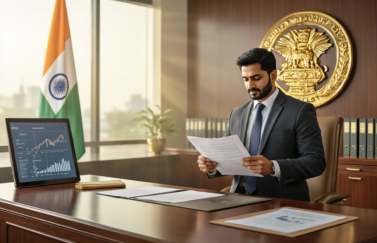Create a realistic image of a modern Indian government office interior with official documents and certificates displayed on a polished wooden desk, featuring the Indian national emblem and flag prominently in the background, a professional South Asian male banker in formal business attire reviewing investment paperwork, golden lighting streaming through large windows creating a trustworthy and secure atmosphere, with a digital tablet showing financial charts and graphs, surrounded by filing cabinets and official government seals on the wall, conveying stability and maximum security for investments, absolutely NO text should be in the scene.