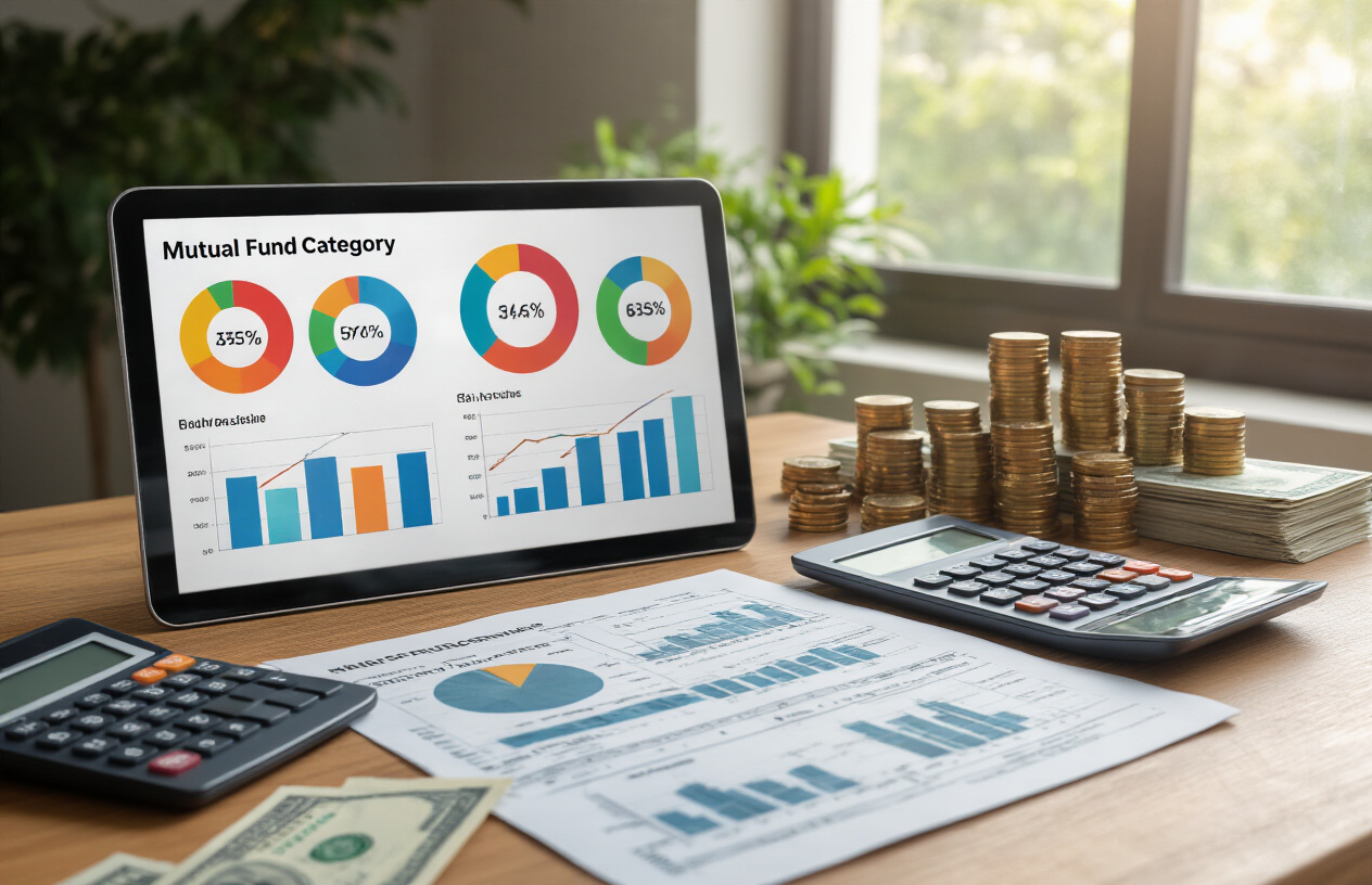 Create a realistic image of a diverse portfolio visualization showing multiple colorful pie charts and bar graphs representing different mutual fund categories on a modern tablet screen, surrounded by financial documents, calculator, and Indian rupee notes on a clean wooden desk, with soft natural lighting from a window creating a professional and trustworthy atmosphere for investment planning, absolutely NO text should be in the scene.