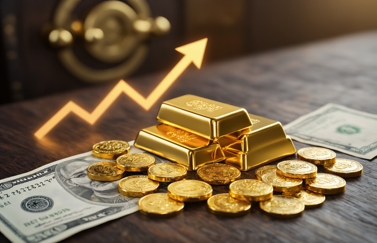 Create a realistic image of gold bars and gold coins prominently displayed on a dark wooden surface, with a subtle upward trending arrow graphic overlay in the background, warm golden lighting illuminating the precious metals, a few Indian rupee notes partially visible at the edges, and a soft-focus background showing a traditional safe or vault, conveying stability and wealth preservation, absolutely NO text should be in the scene.