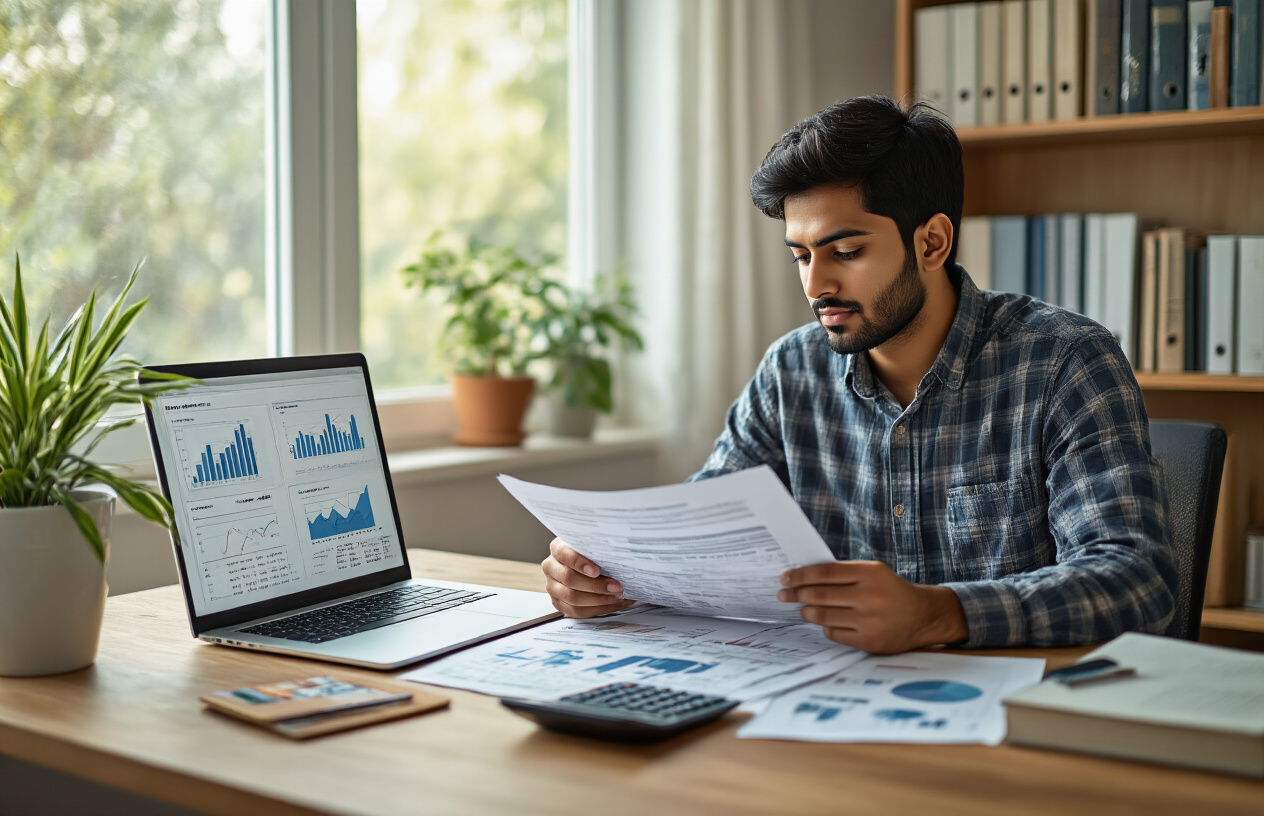 Create a realistic image of a young Indian male sitting at a modern wooden desk with financial documents, charts, and a laptop displaying investment portfolio graphs, surrounded by organized folders and a calculator, with a potted plant and bookshelf containing finance books in the background, bright natural lighting from a window creating a focused and professional atmosphere, the person appearing thoughtful while reviewing investment papers with a pen in hand, warm and inviting home office setting with clean minimalist design, absolutely NO text should be in the scene.