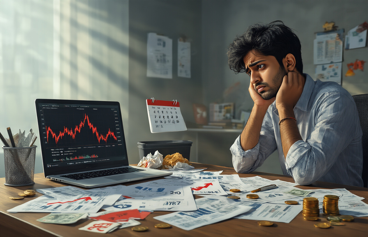 Create a realistic image of a young South Asian male investor sitting at a desk looking confused and overwhelmed, surrounded by scattered financial documents, charts with red declining arrows, a laptop screen showing investment losses, warning signs or red flags scattered on the desk, a calendar showing 2026, Indian rupee notes and coins, a trash bin with crumpled papers representing poor investment decisions, dramatic lighting casting shadows to emphasize the stress and mistakes, with a cluttered office background suggesting poor planning and hasty decisions, absolutely NO text should be in the scene.
