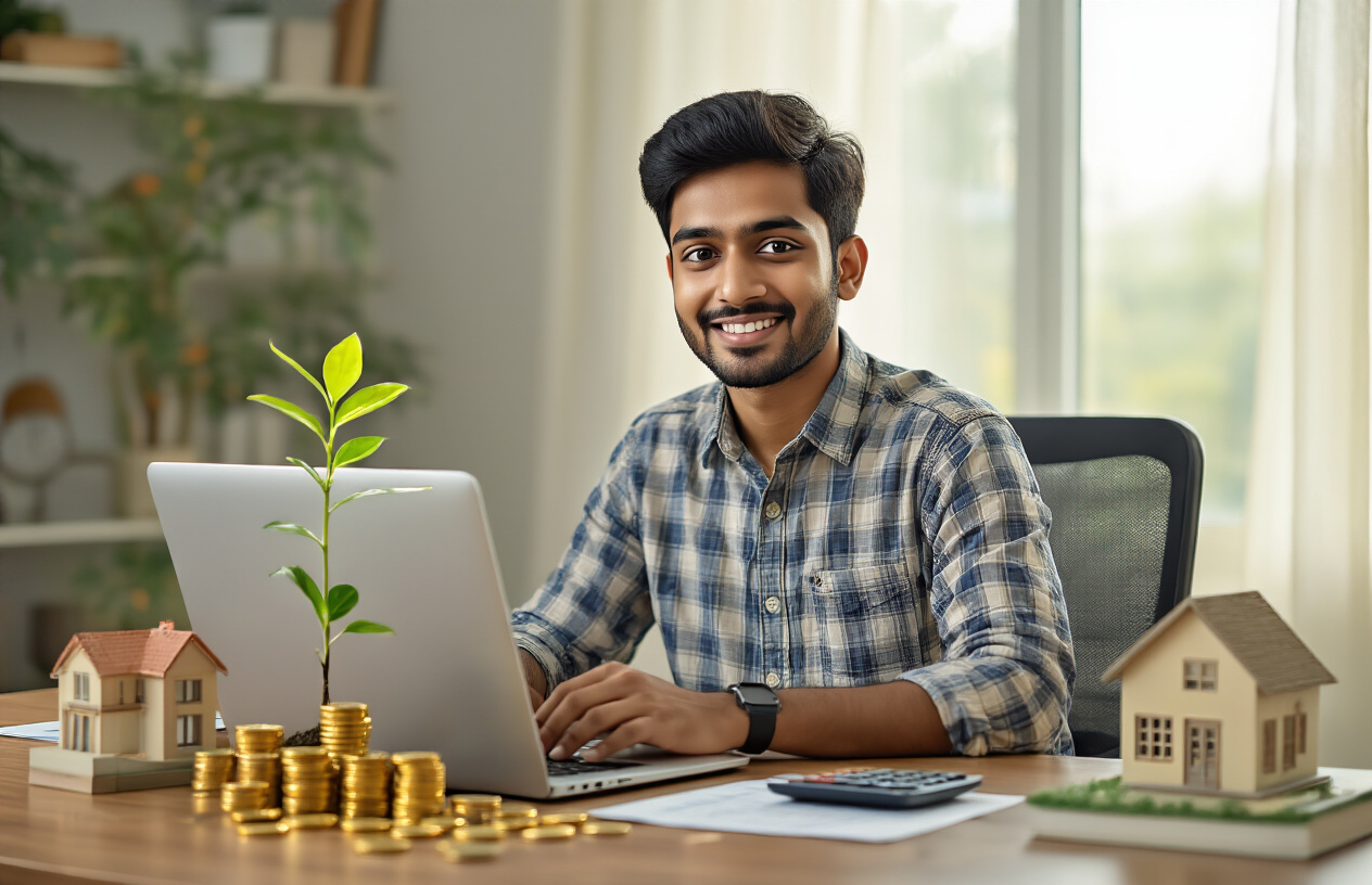 Create a realistic image of a young Indian male in his late twenties sitting at a modern desk with a laptop, surrounded by symbolic elements representing different investment options including gold coins, a small plant growing from coins symbolizing growth, a miniature house model, government bonds certificates, and a calculator, with a bright and optimistic lighting setup suggesting financial success and security, warm natural lighting from a window in the background, clean and organized workspace environment conveying trust and professionalism, absolutely NO text should be in the scene.
