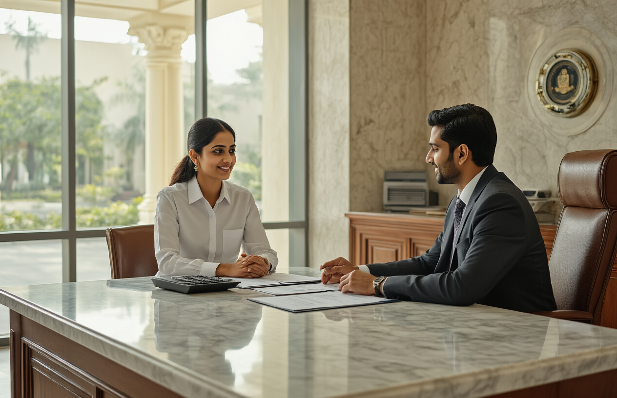 Create a realistic image of a clean, modern Indian bank interior with marble counters and professional atmosphere, featuring a young Indian male banker in formal attire sitting across from a middle-aged Indian female customer at a polished wooden desk, with official bank documents and a calculator placed on the desk between them, soft natural lighting streaming through large windows creating a trustworthy and secure environment, with subtle Indian architectural elements in the background and a safe deposit vault door partially visible, conveying stability and financial security, absolutely NO text should be in the scene.