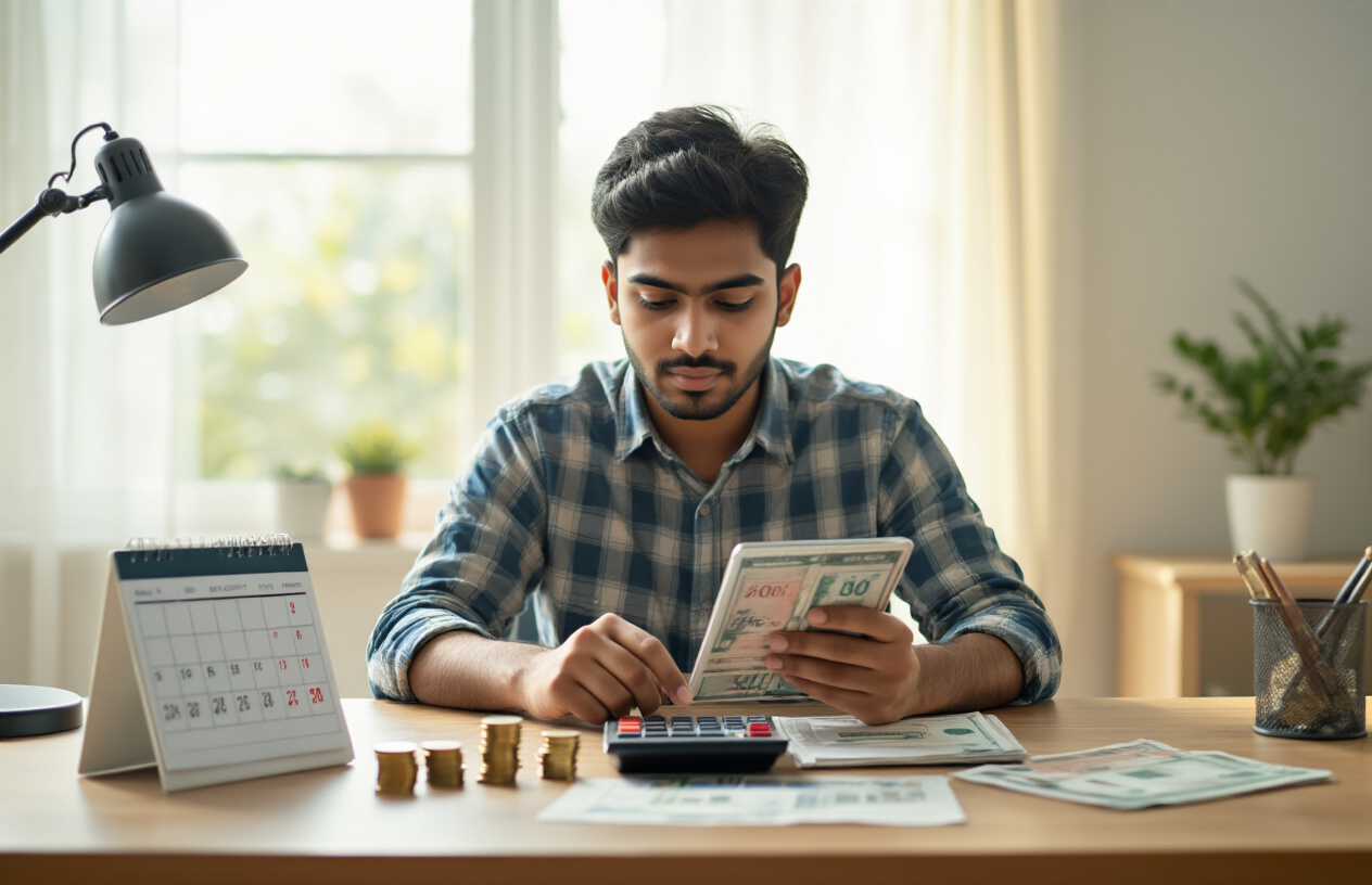 Create a realistic image of a young Indian male sitting at a modern desk with a calculator, coins, and banknotes arranged neatly, holding a bank passbook while looking at a digital tablet displaying banking information, with a calendar showing short-term dates visible on the desk, set in a bright, well-lit home office environment with warm natural lighting from a window, conveying a sense of financial planning and security. Absolutely NO text should be in the scene.