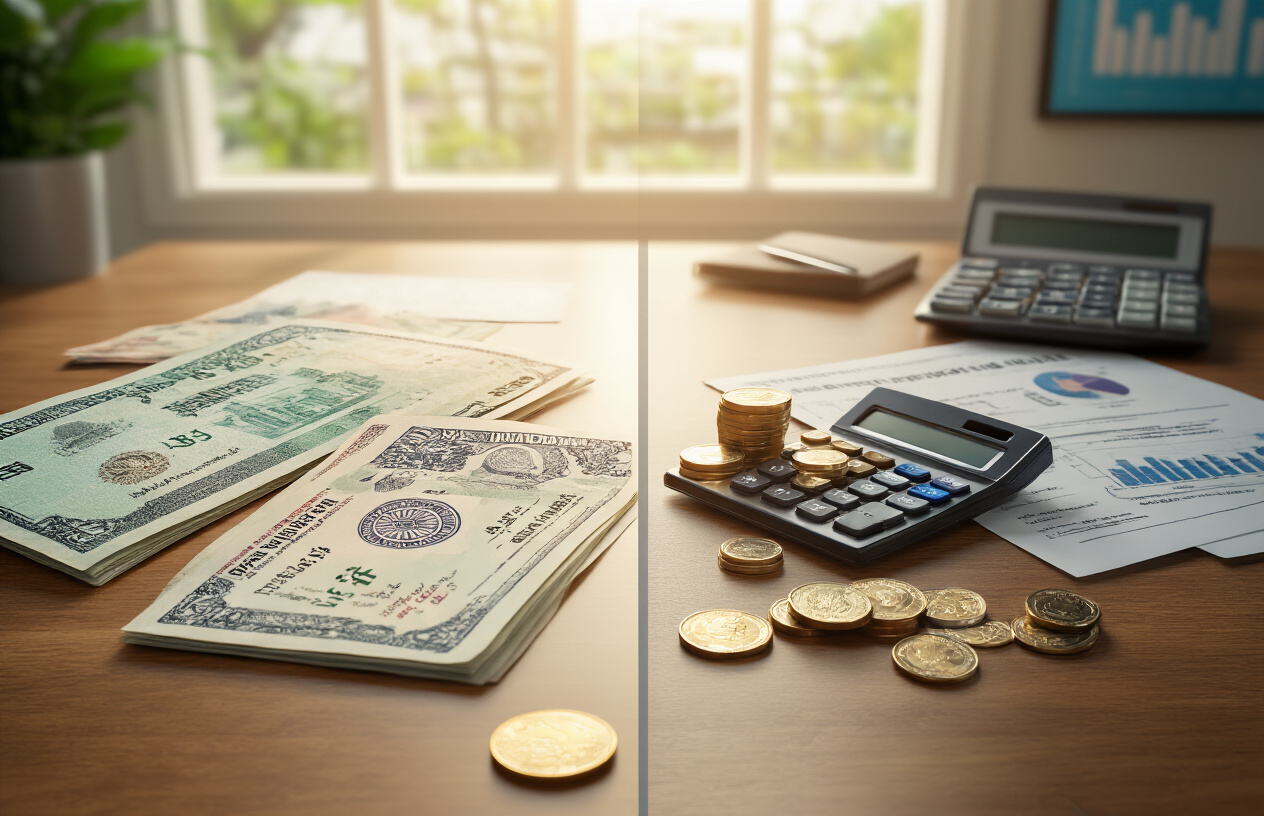 Create a realistic image of a split-screen comparison scene showing two distinct investment concepts, with the left side displaying a modern bank passbook or account statement alongside some Indian rupee notes and coins arranged neatly on a wooden desk, and the right side showing official government documents with an official seal or stamp next to a calculator and more Indian currency, both sides illuminated by warm natural lighting from a window, with a clean office environment in the background featuring subtle financial elements like charts or graphs on the wall, absolutely NO text should be in the scene.