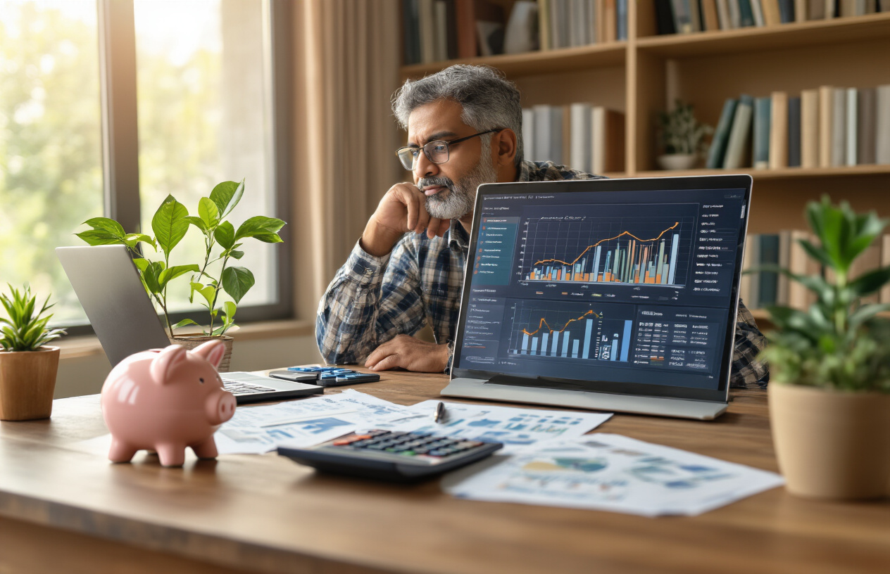 Create a realistic image of an Indian middle-aged male sitting at a wooden desk with financial documents and a calculator, looking thoughtfully at a laptop screen displaying charts and graphs, with a piggy bank and growing plant symbolizing wealth growth on the desk, warm natural lighting from a window, professional home office setting with bookshelves in the background, conveying a sense of financial planning and long-term investment strategy, absolutely NO text should be in the scene.
