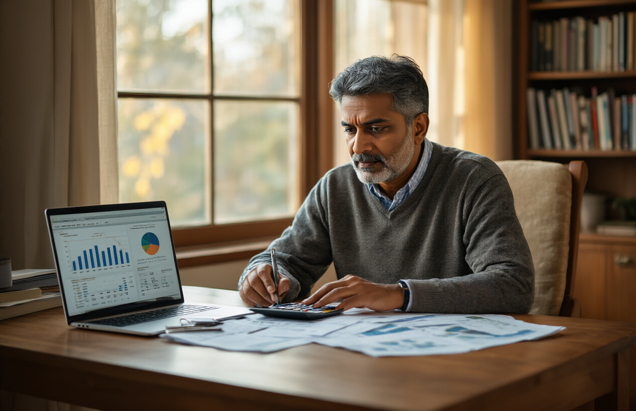 Create a realistic image of a middle-aged Indian male sitting at a clean wooden desk with financial documents, calculator, and laptop open showing investment charts, with a thoughtful expression as he compares different savings options, warm natural lighting from a window, professional home office setting with bookshelves in the background, calm and focused atmosphere suggesting careful financial planning and decision-making, absolutely NO text should be in the scene.
