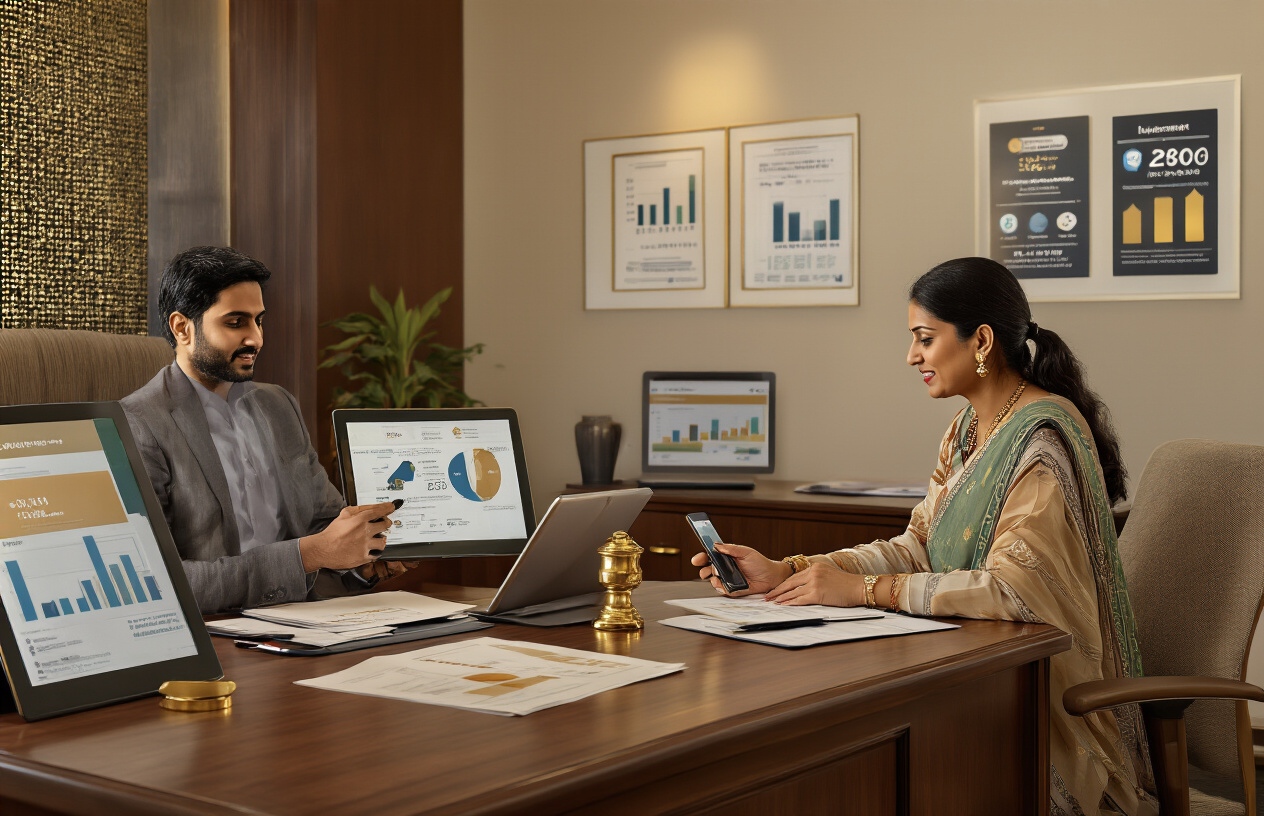 Create a realistic image of a modern Indian bank interior with elegant wooden desks displaying premium financial documents and certificates, featuring advanced digital tablets and smartphones showing investment apps, with subtle golden accents and professional lighting, including a South Asian male banker in formal attire consulting with a middle-aged Indian female client, surrounded by charts showing growth trajectories and benefit icons, warm ambient lighting creating a trustworthy atmosphere, absolutely NO text should be in the scene.